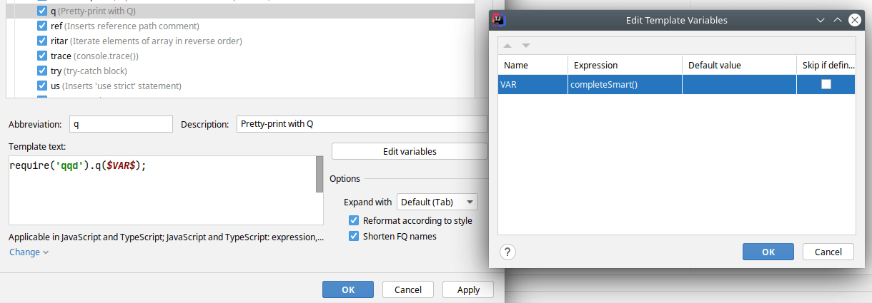 Add JavaScript live template in Jetbrains Intellij