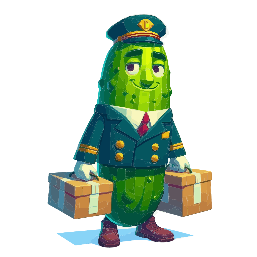 An anthropomorphic dill pickle in a doorman's uniform