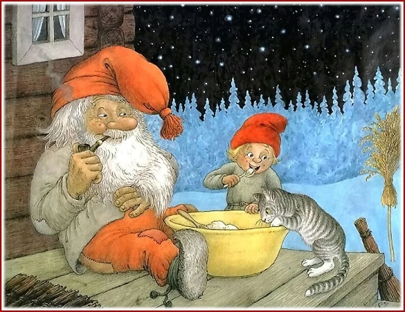 A tomte and his son enjoying quiet company of the cat. Illustration by Rolf Lidberg.