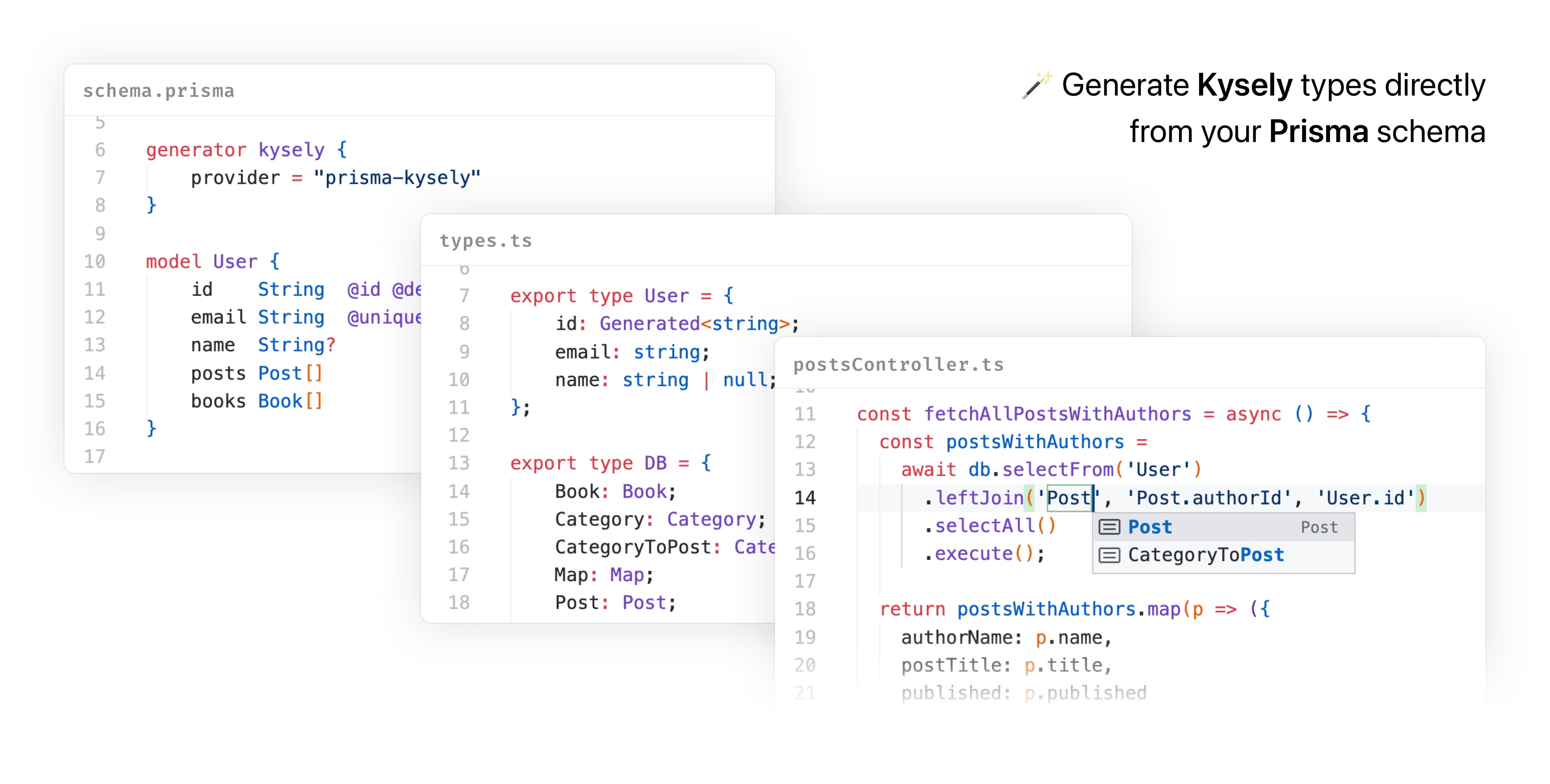 Hero image "Generate Kysely types directly from your Prisma
schema"