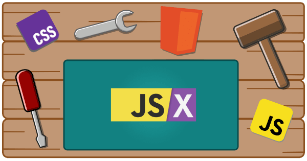 workbench with tools, html, css, javascript, and jsx logos