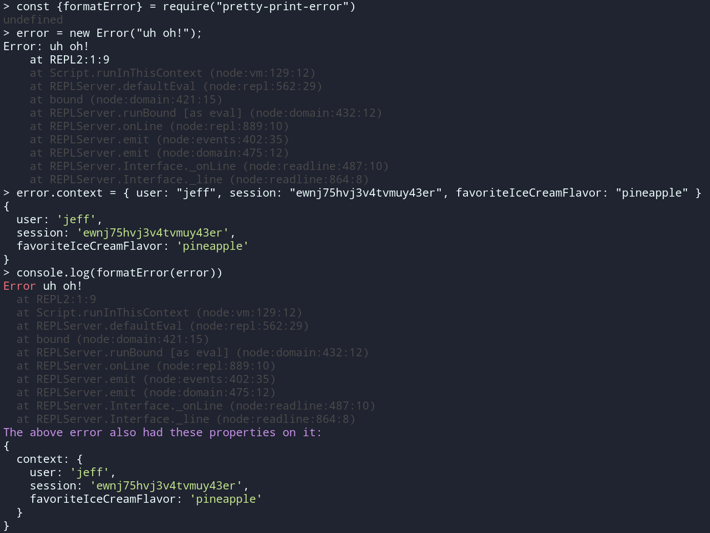 Sample output of using pretty-print-error in the node repl. See the "Usage" section below for the code used in this screenshot.