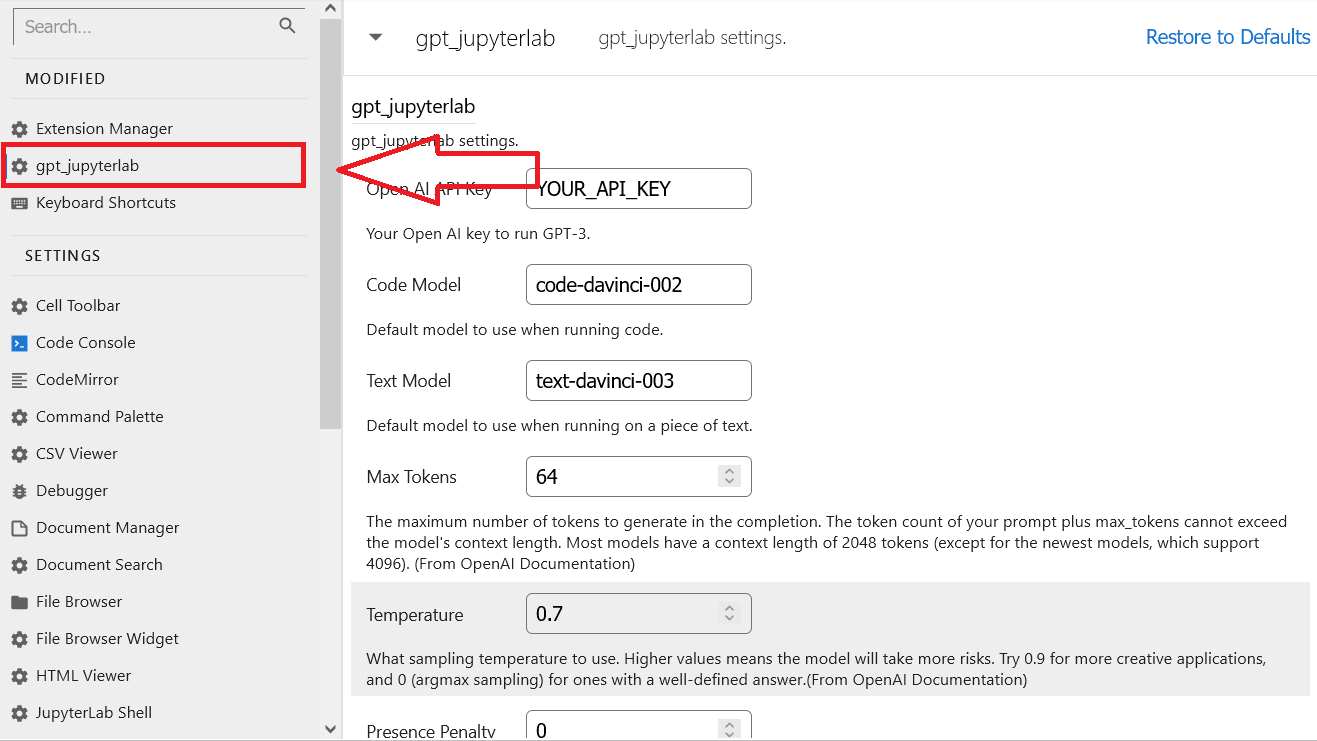 GPT JupyterLab Settings