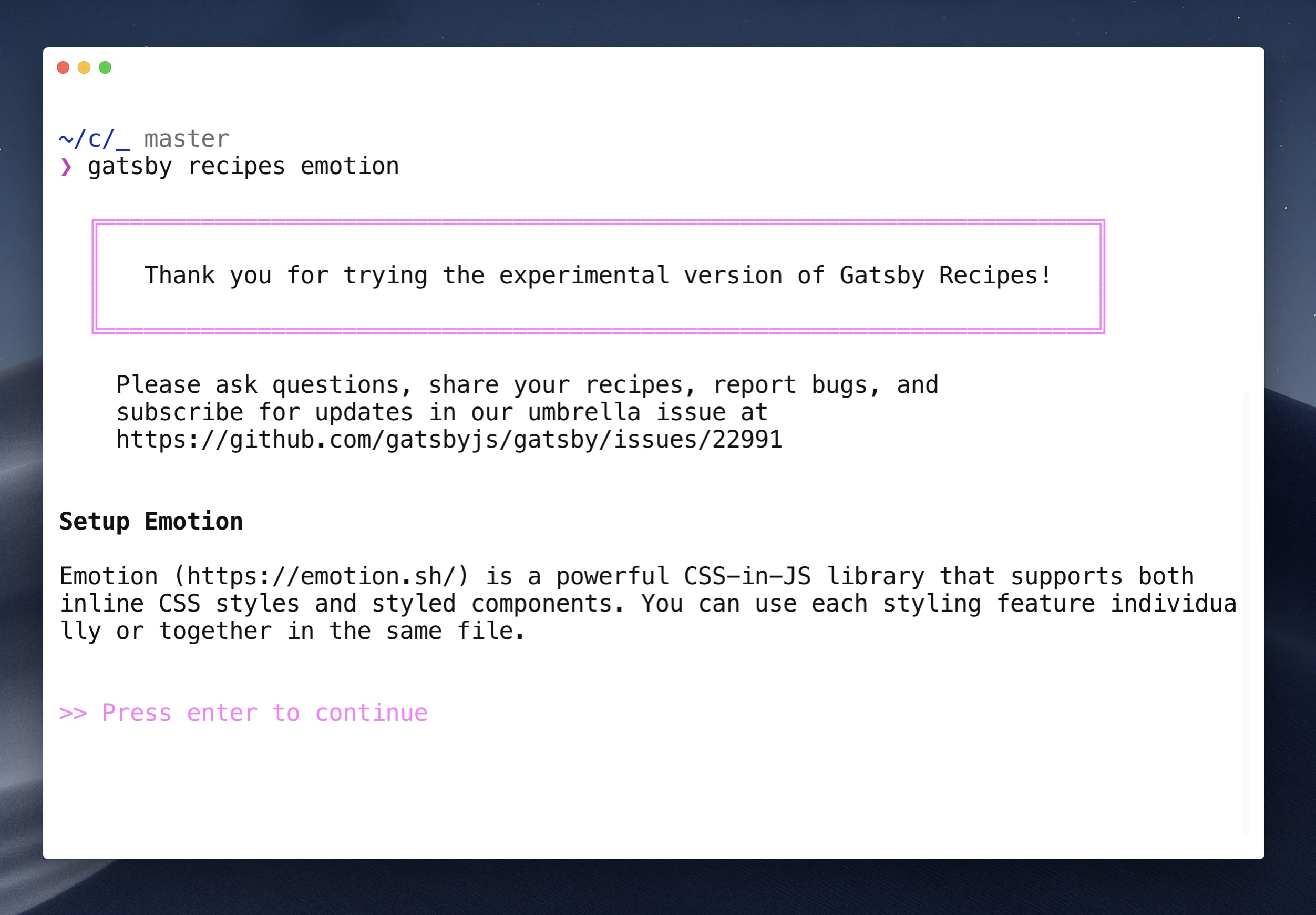 Terminal showing "gatsby recipes emotion" output