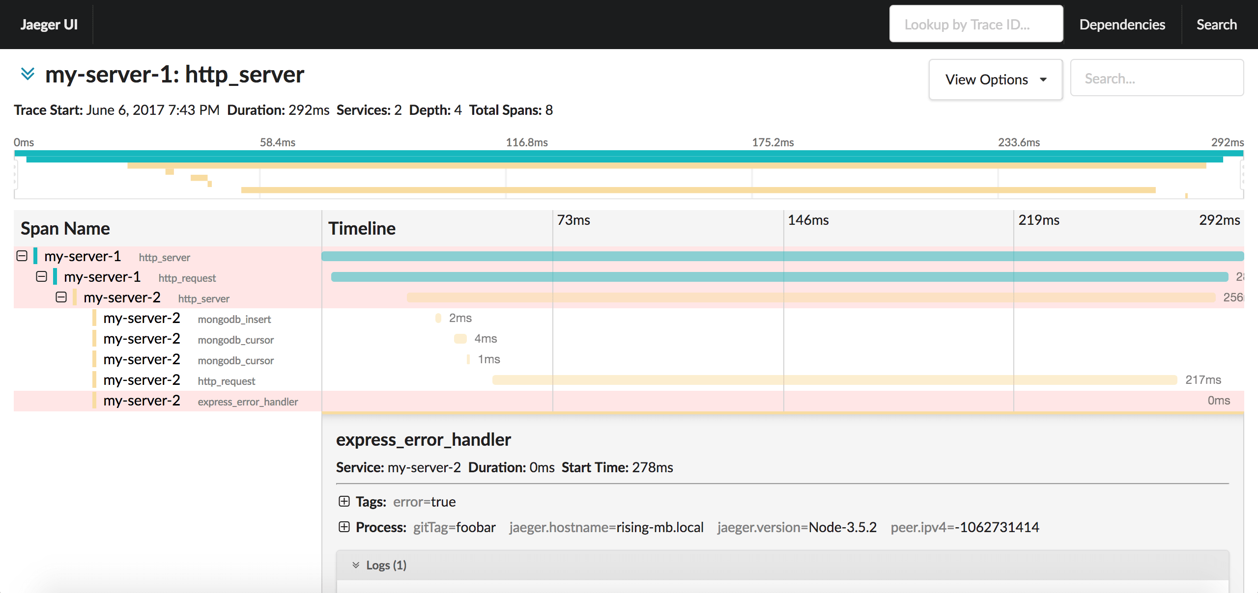 Jaeger Node.js tracing