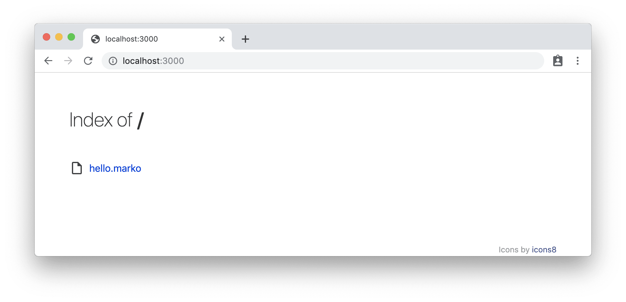The same URL as before, but now the “Index of /” shows a hyperlink to “hello.marko”.