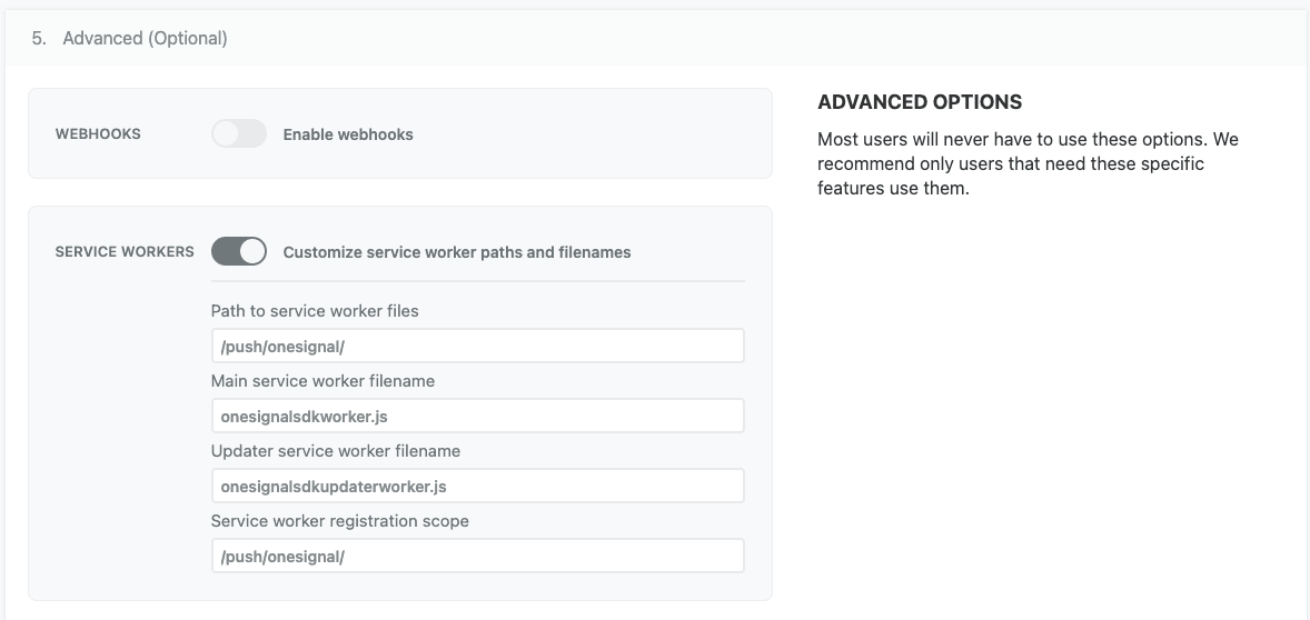 OneSignal Web Configuration admin panel (advanced section)