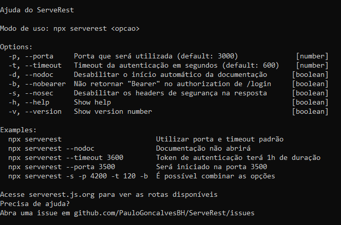 Informação de opções e exemplos fornecidos no terminal