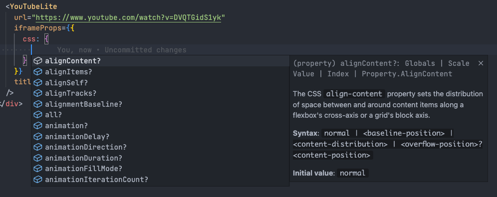 Props example of the css prop inside the frameProps attribute