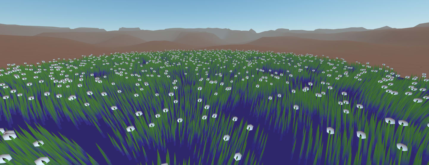 Screenshot of a 3D rendered field of grass with flowers