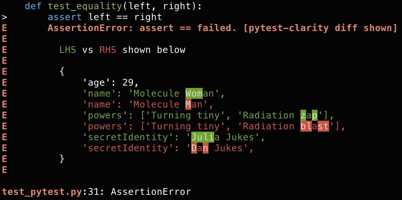 Example output without pytest-clarity