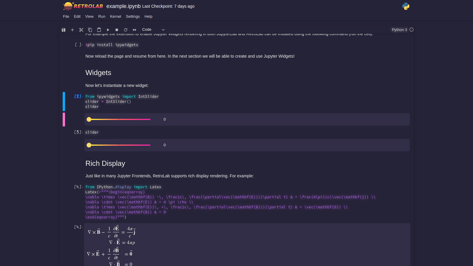 The Jupyter interface using the Miami Nights theme