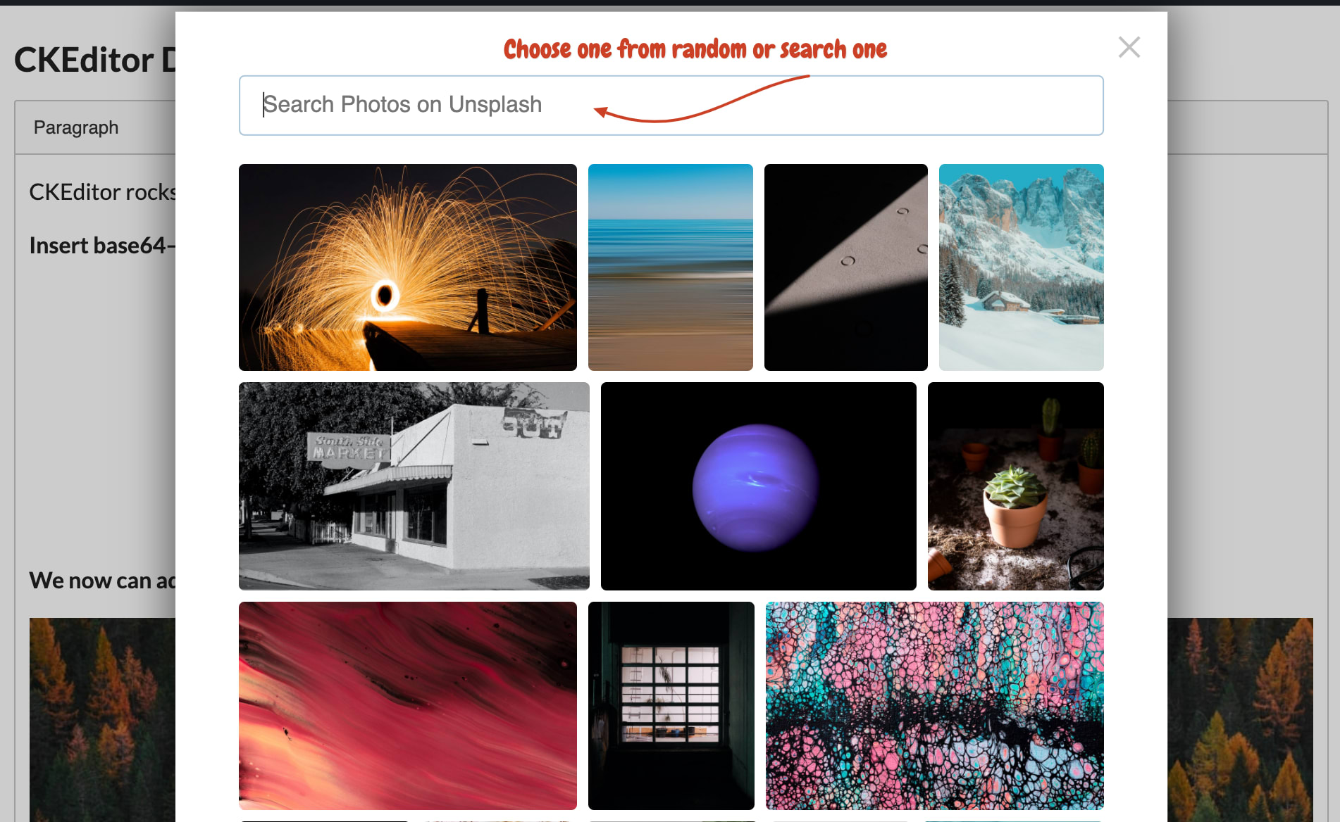 CKEditor 5 classic editor build screenshot - add an image from Unsplash 2