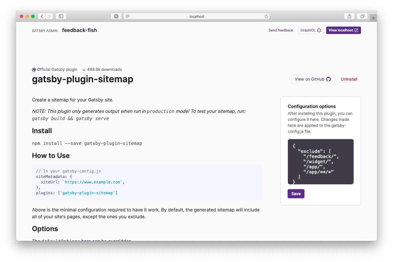 Gatsby Admin plugin page showing the README of the gatsby-plugin-sitemap, as well as an input field to configure the options for said plugin