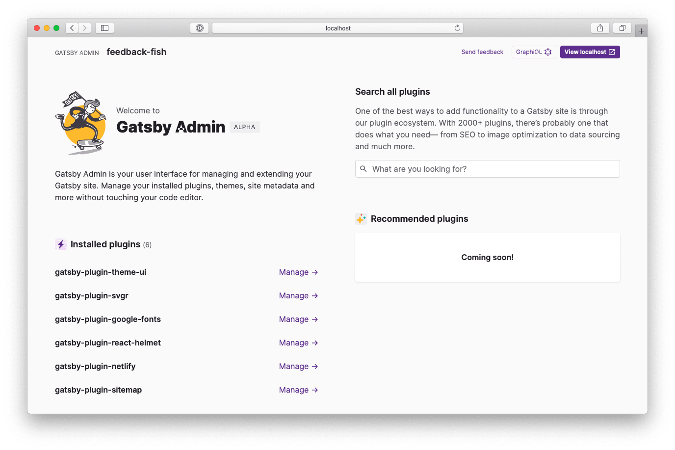 Gatsby Admin homepage showing a list of installed plugins, as well as a search input to search for plugins to install