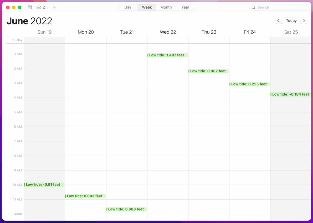 Apple Calendar showing low tides at Pillar Point during a week