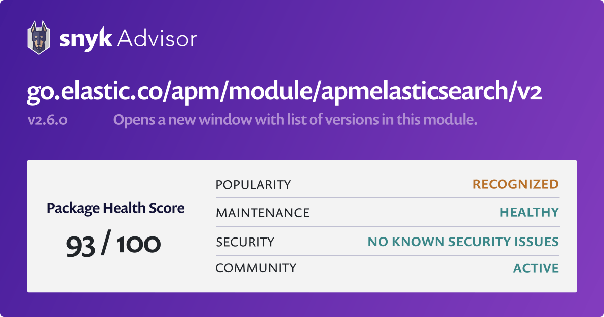 apmelasticsearch - golang Package Health Analysis | Snyk