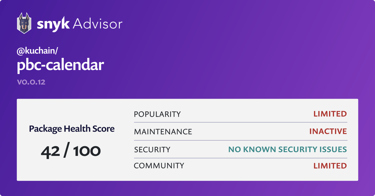 kuchain/pbccalendar npm Package Health Analysis Snyk