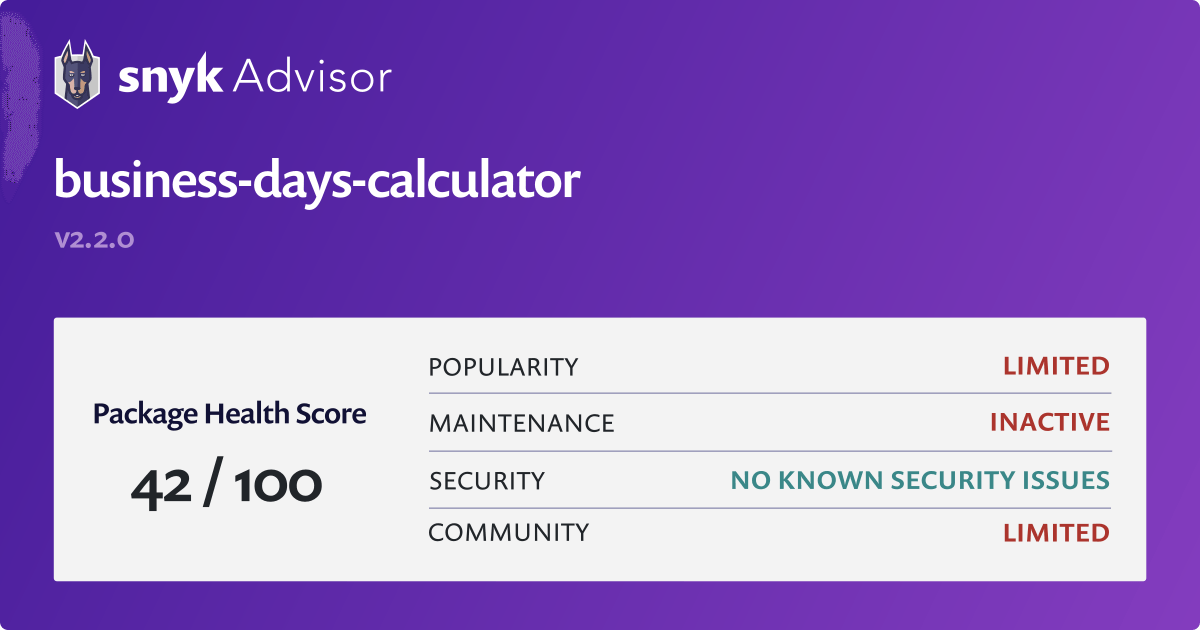 Business days calculator Npm Package Snyk