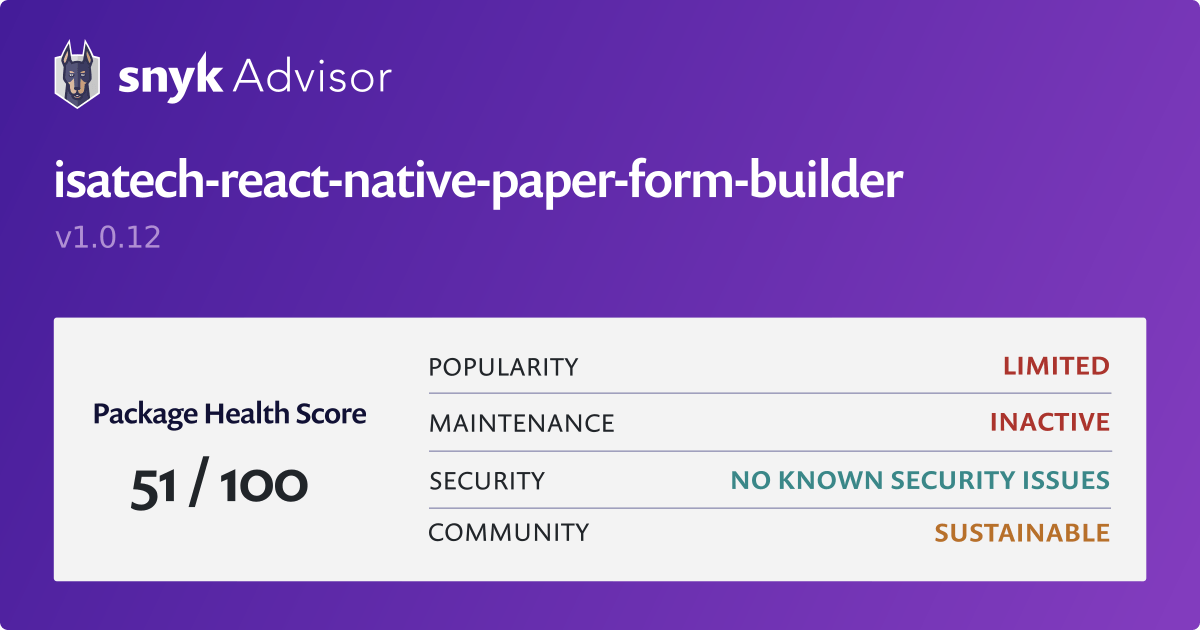 Isatech react native paper form builder npm package snyk