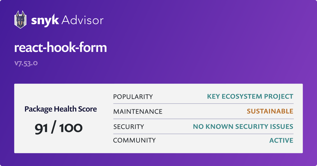 React hook form Npm Package Health Analysis Snyk