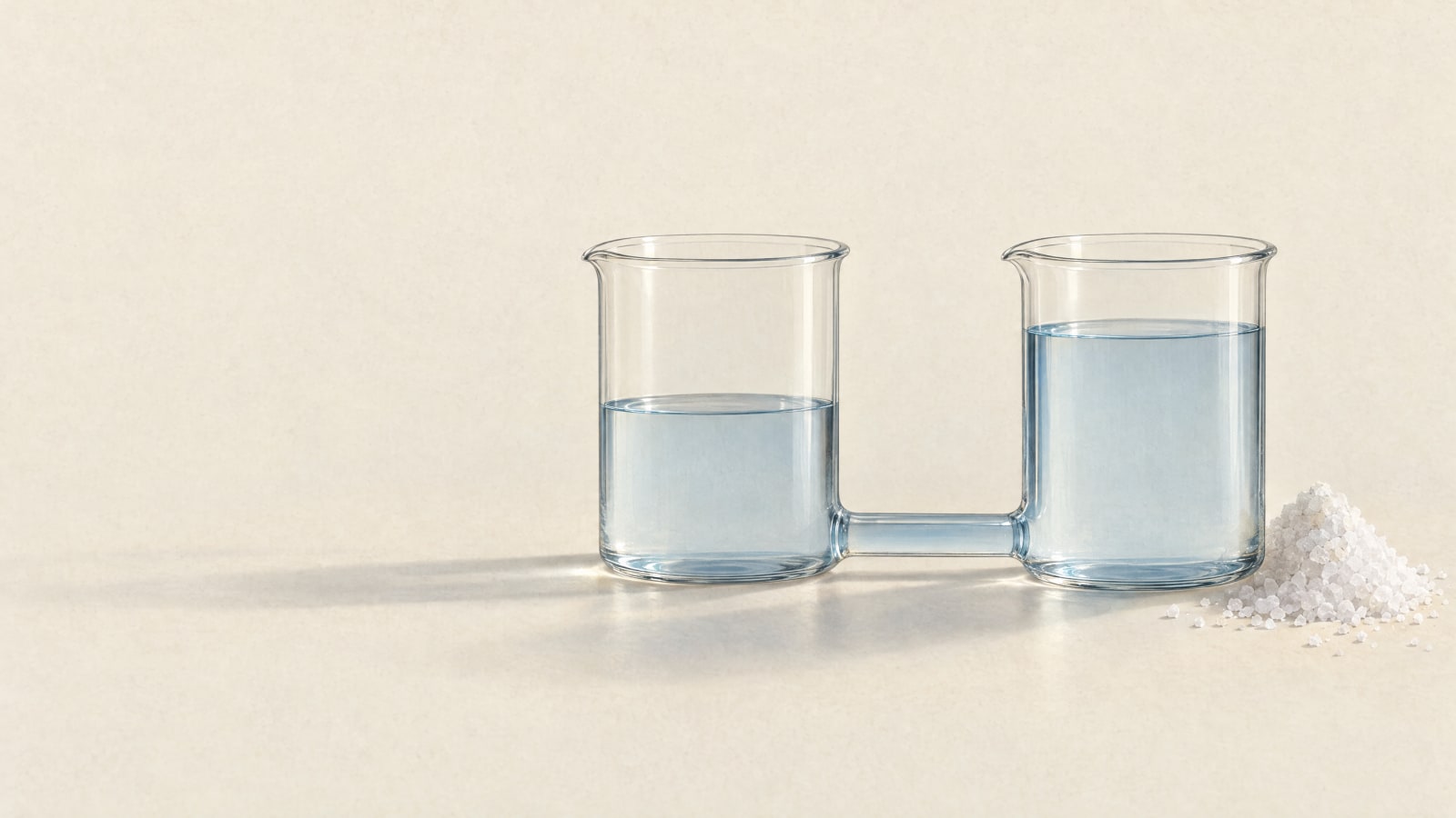 Two connected beakers; water rises on the side with salt crystals.