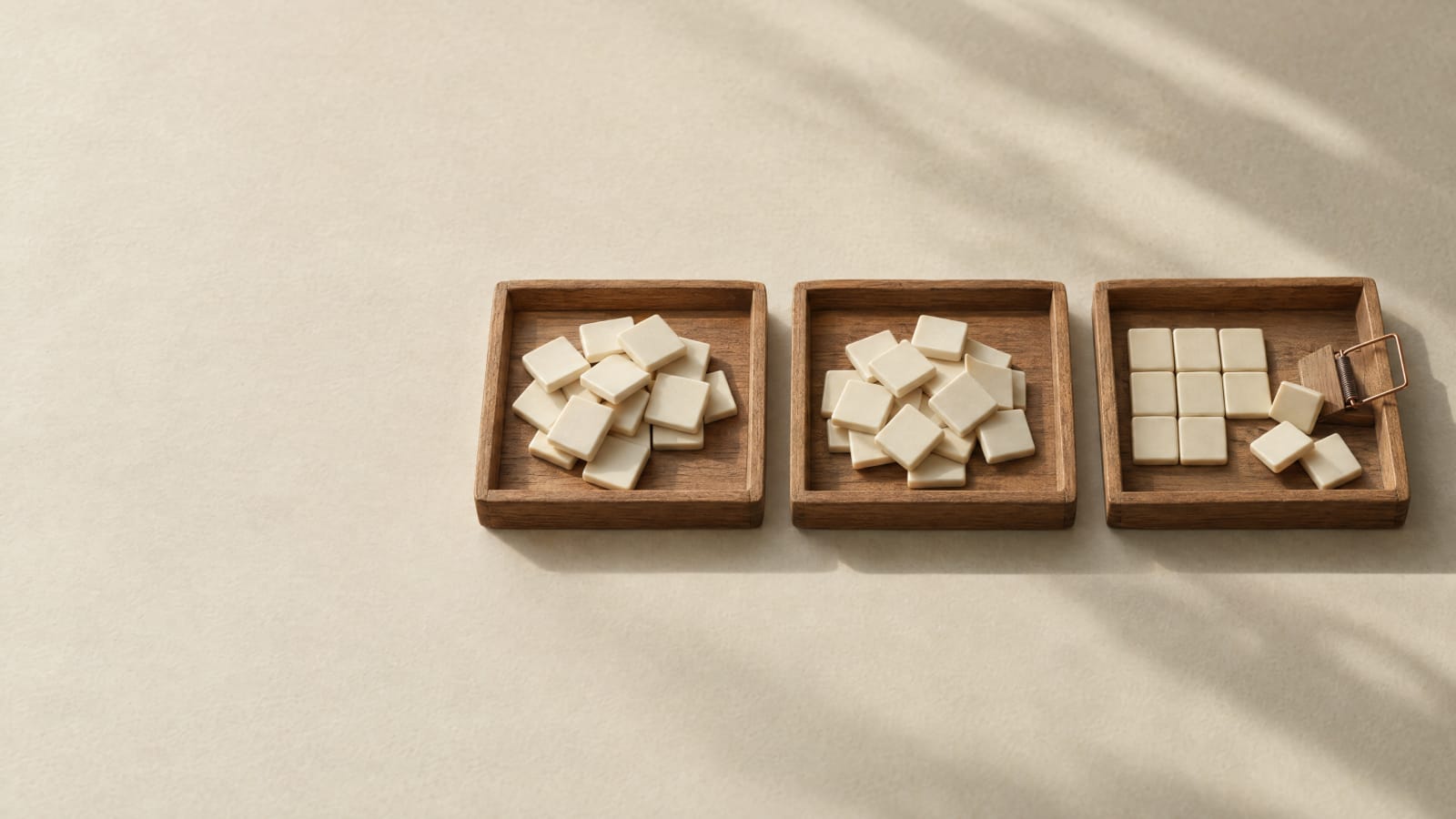 Three wooden trays of blank letter tiles, sorted into groups.