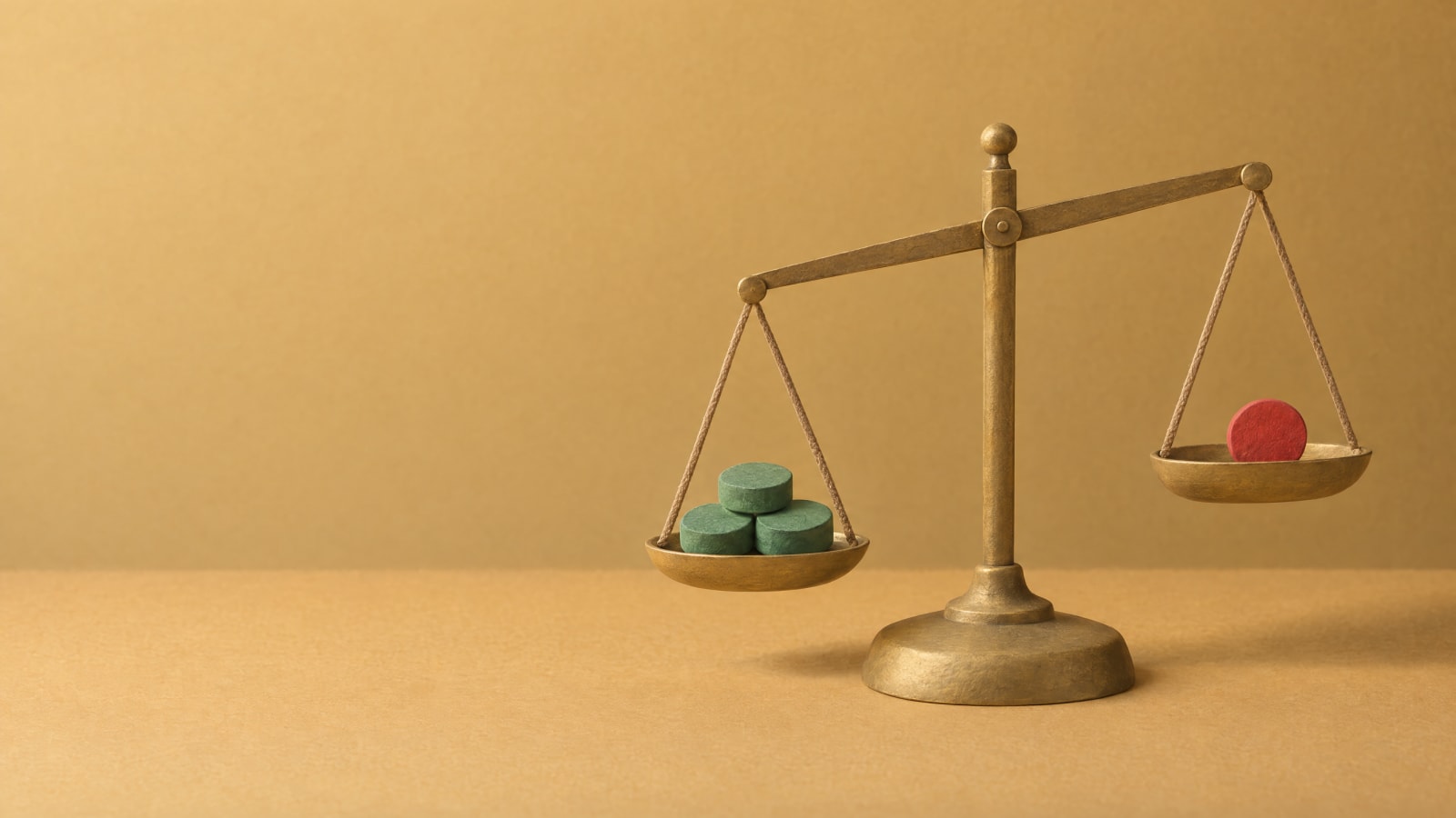 A brass balance scale with green tokens outweighing one red token.