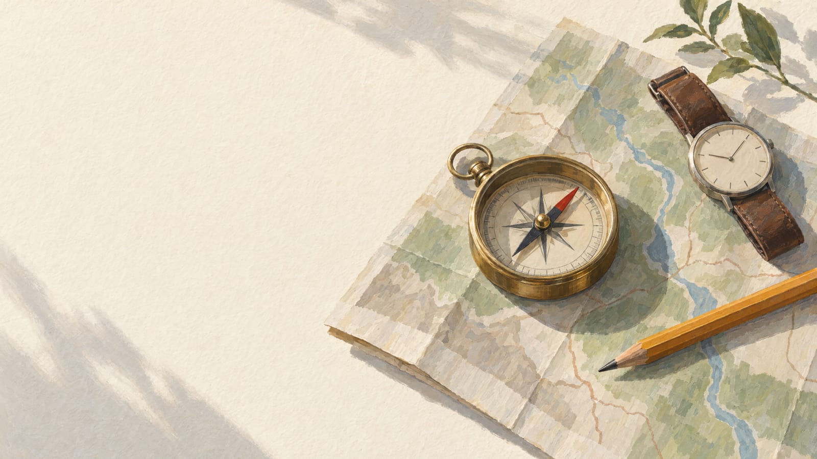 A compass on a folded map with a pencil and a wristwatch.
