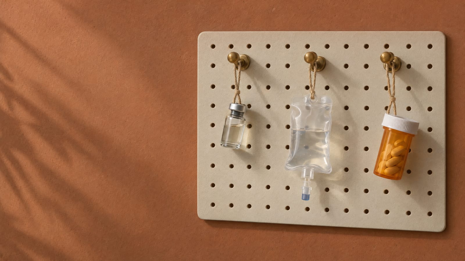 Three hooks on a pegboard holding a vial, an IV bag and a pill bottle.