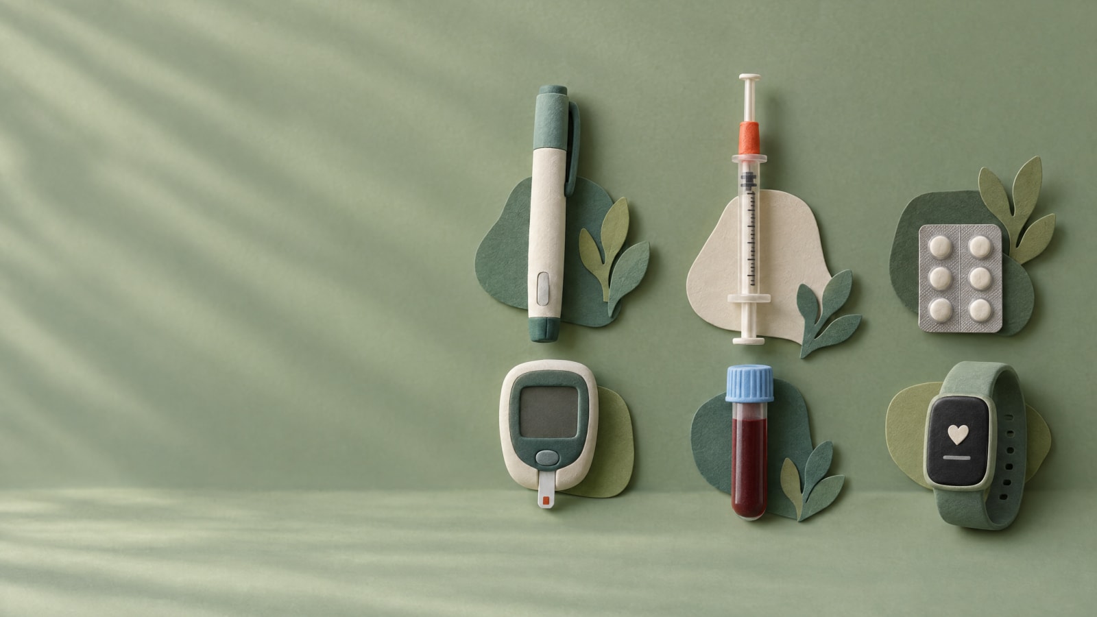 An insulin pen, a heparin syringe and a blister pack, each beside its safety check.