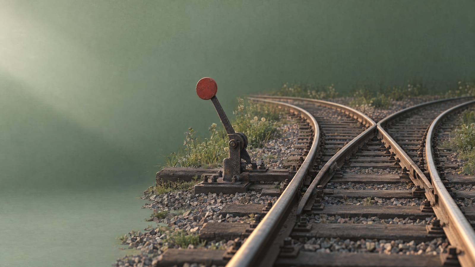 A railway switch lever where two tracks divide.