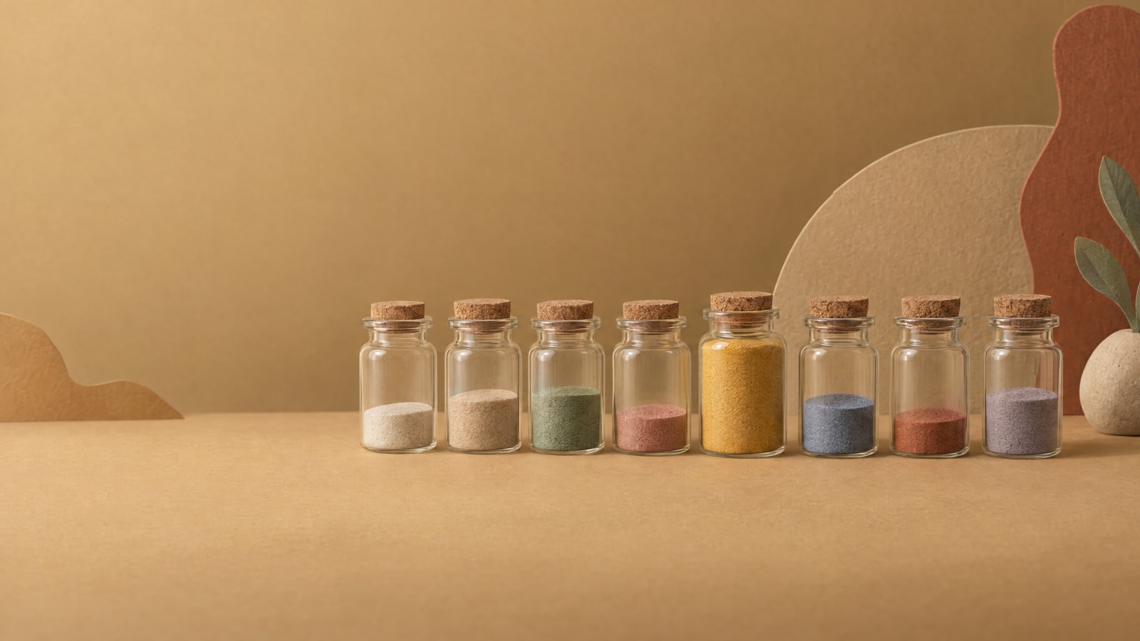 Eight jars of colored sand at different levels, one fuller.