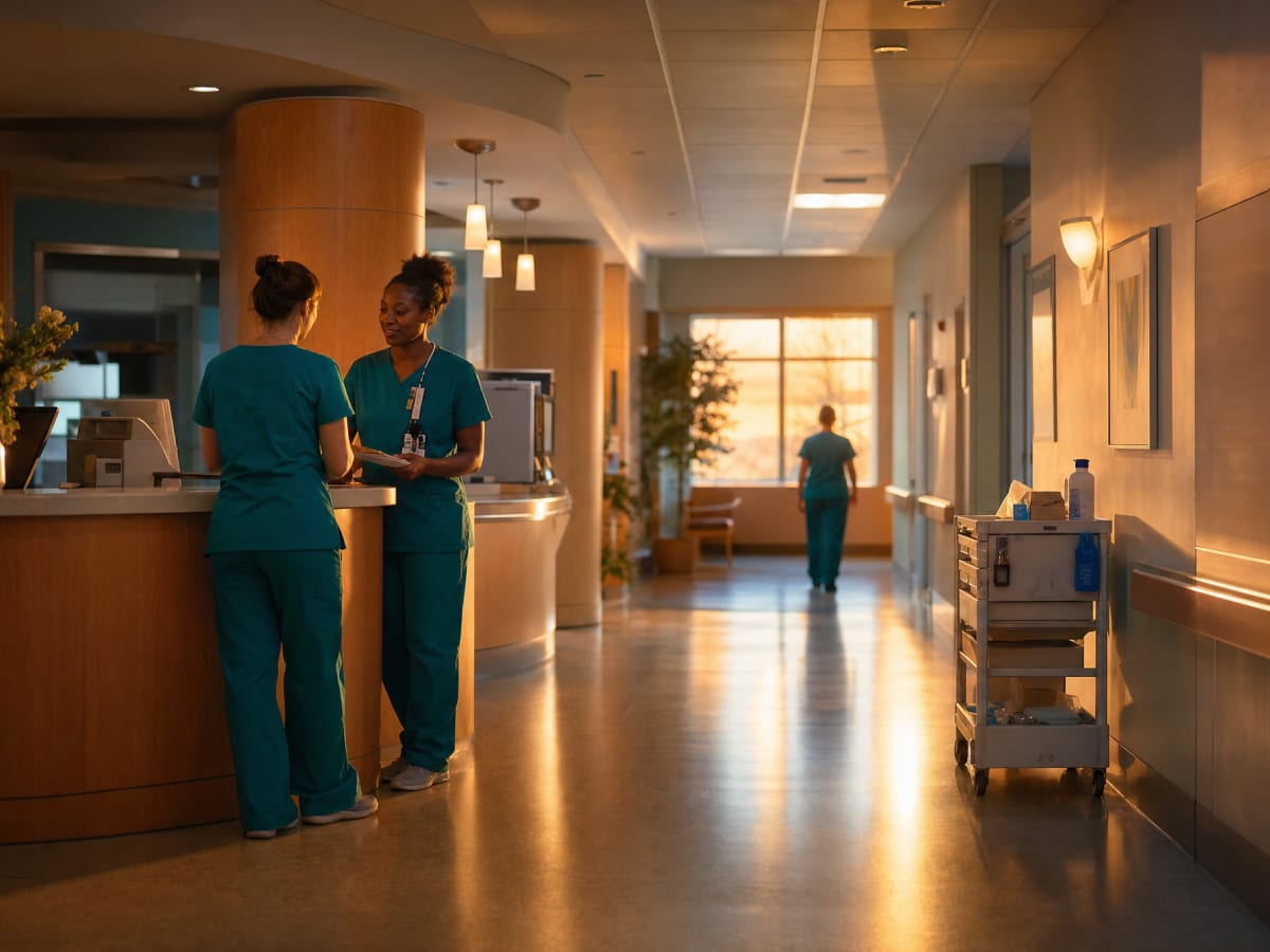 A hospital nursing unit corridor at golden hour, looking toward a bright window