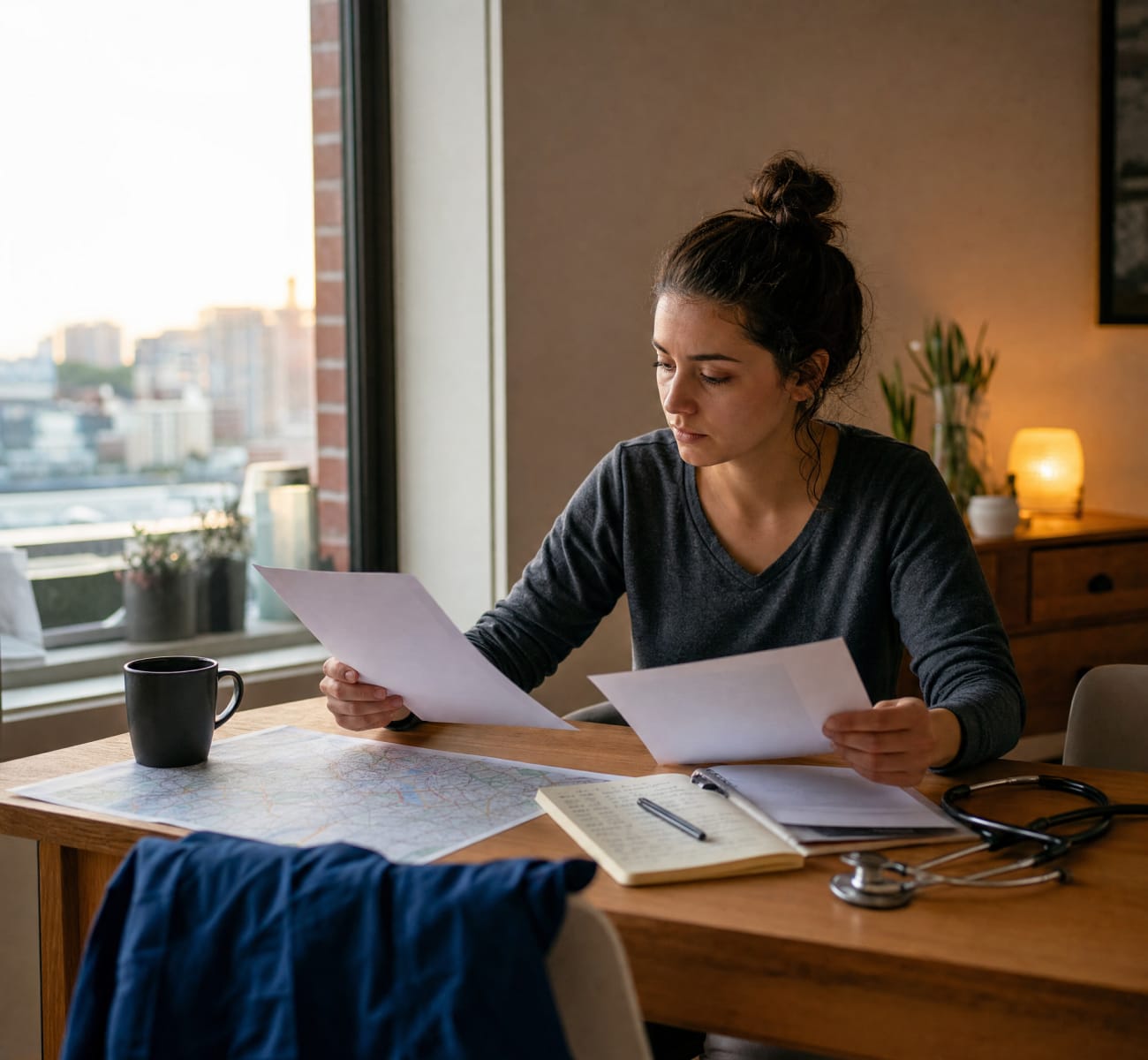 A nurse reviewing a written nursing offer and compensation notes at a quiet desk