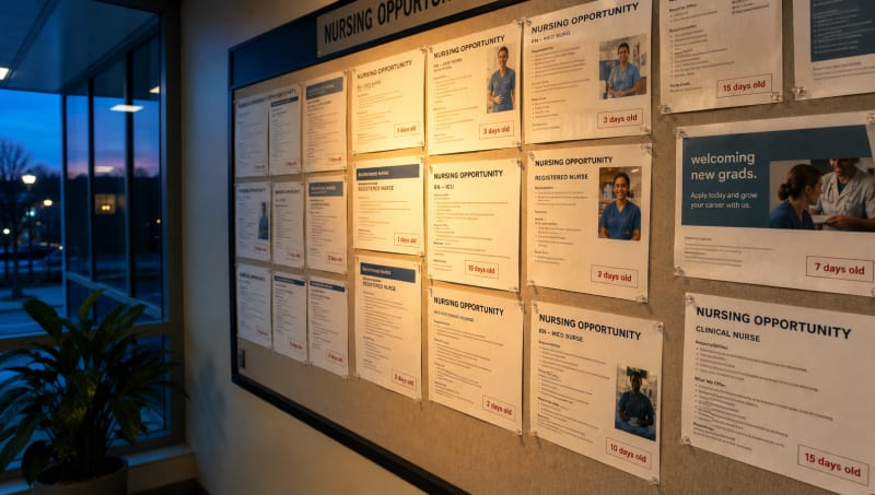 A hospital corridor posting board at dusk, its nursing listings stamped with how many days each has been up, the newest cards catching warm lamplight.