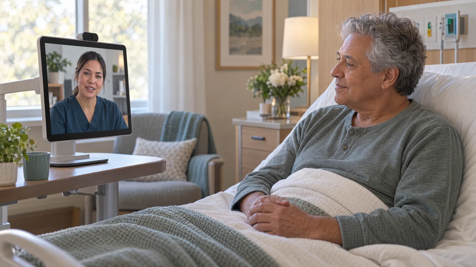 A patient speaking with a remote nurse on a bedside video screen.