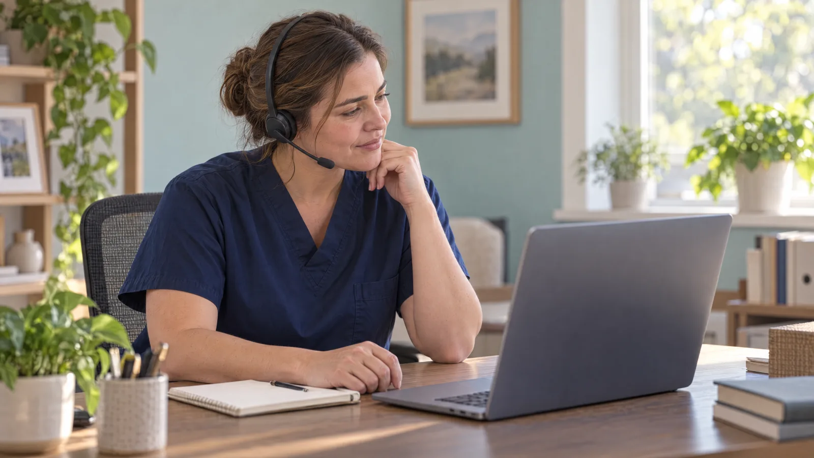 A nurse listening on a headset at a desk during a post-visit follow-up call.