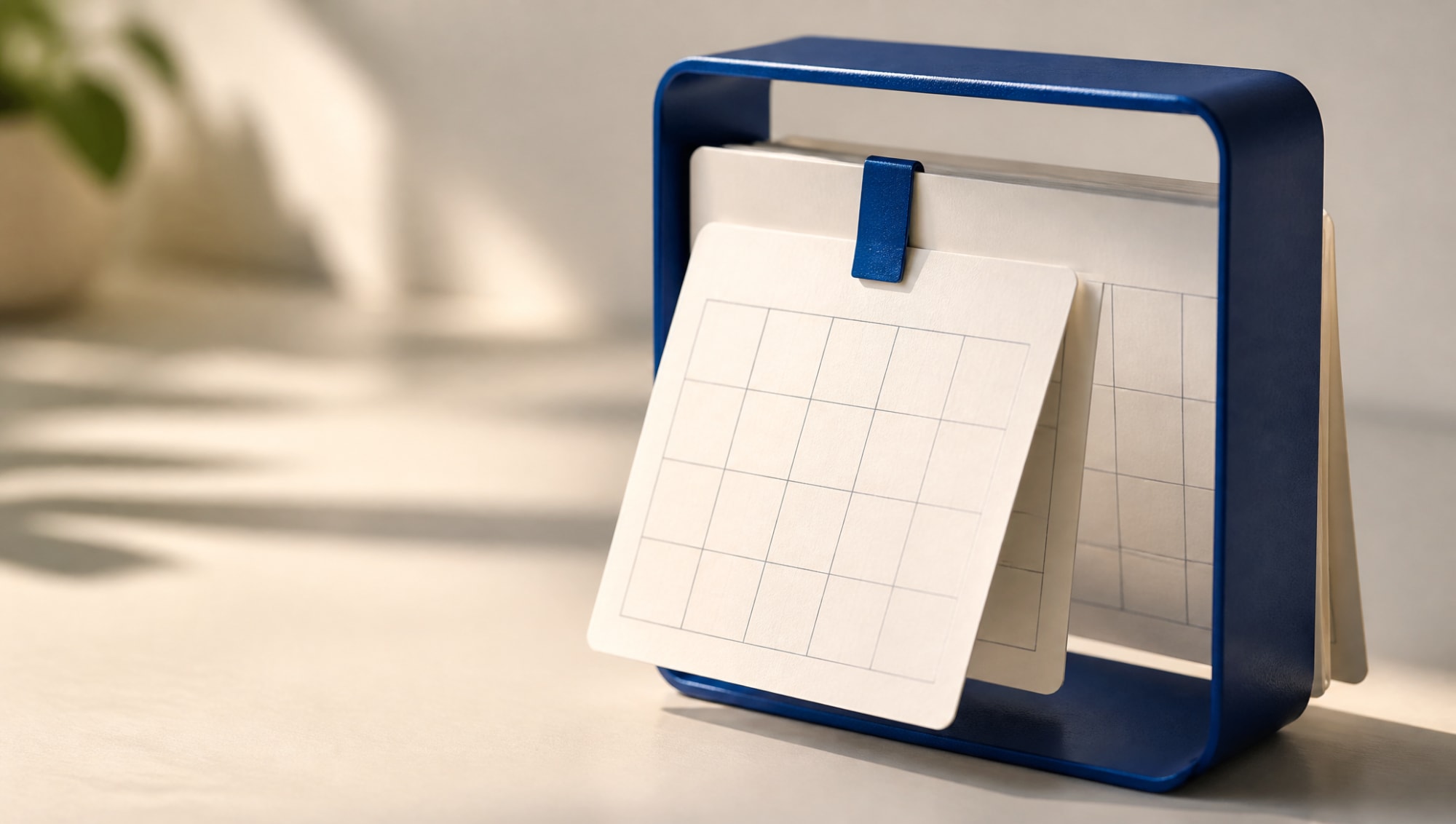 A blue calendar frame with paper pages separating the application window from a later start date.