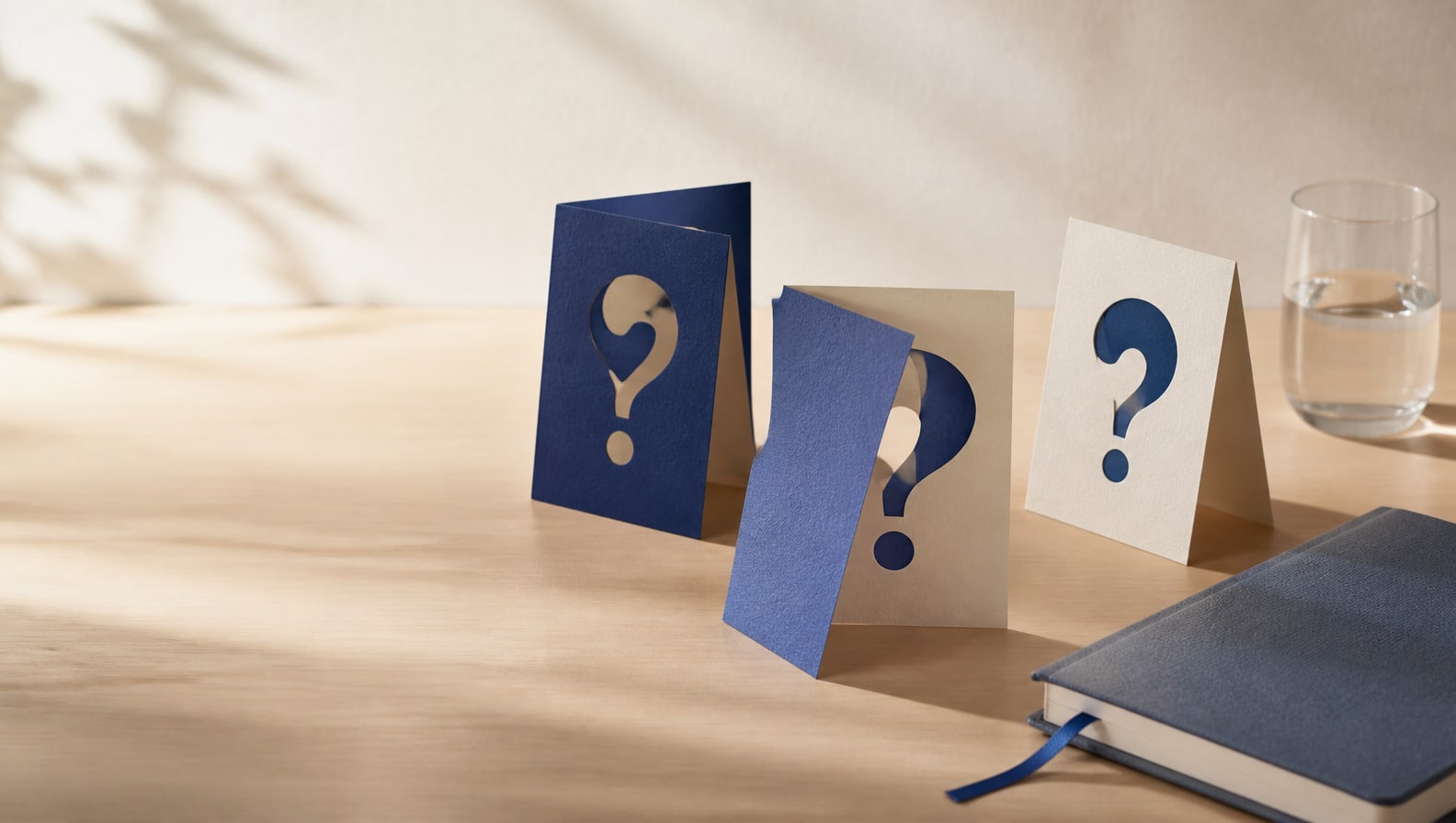 Folded blue and cream question cards beside a notebook, representing preparation for a nursing job interview.
