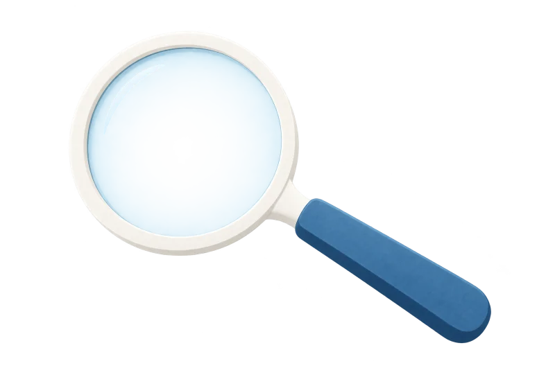 An illustrated magnifying glass with a blue handle.
