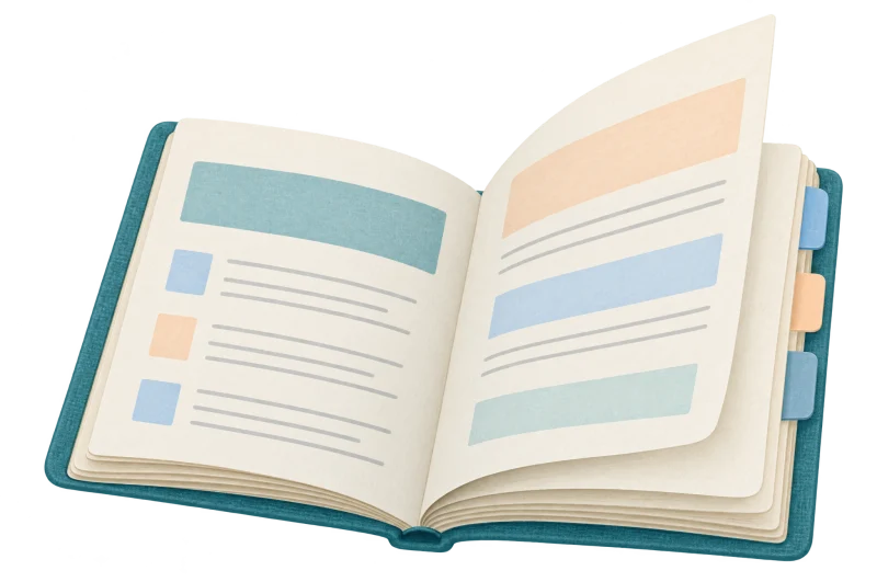 An open illustrated planner with a turned page.