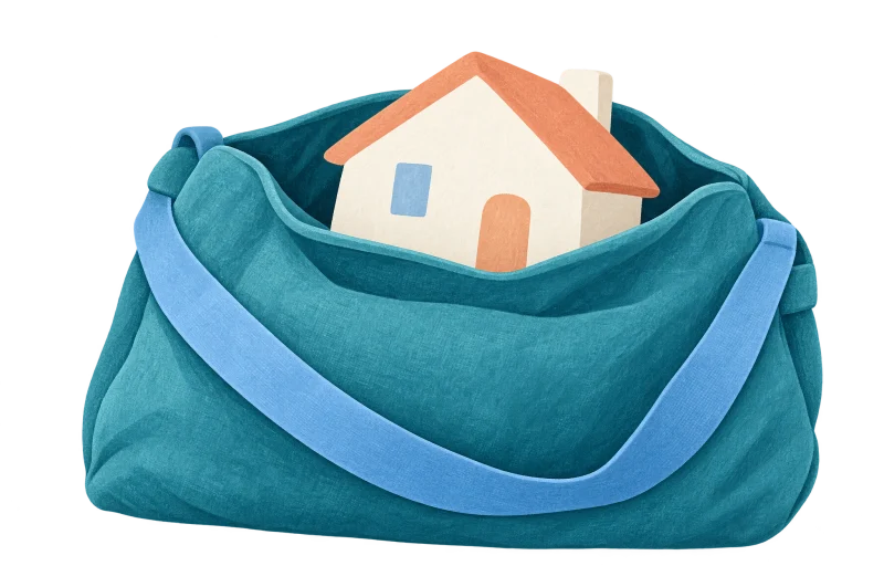 A simplified home tucked inside an illustrated travel bag.