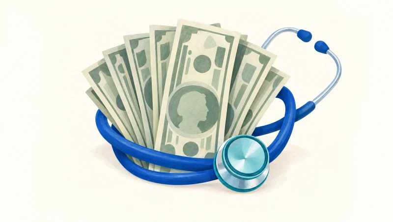 Illustrated banknotes held within a blue stethoscope, representing nursing pay.