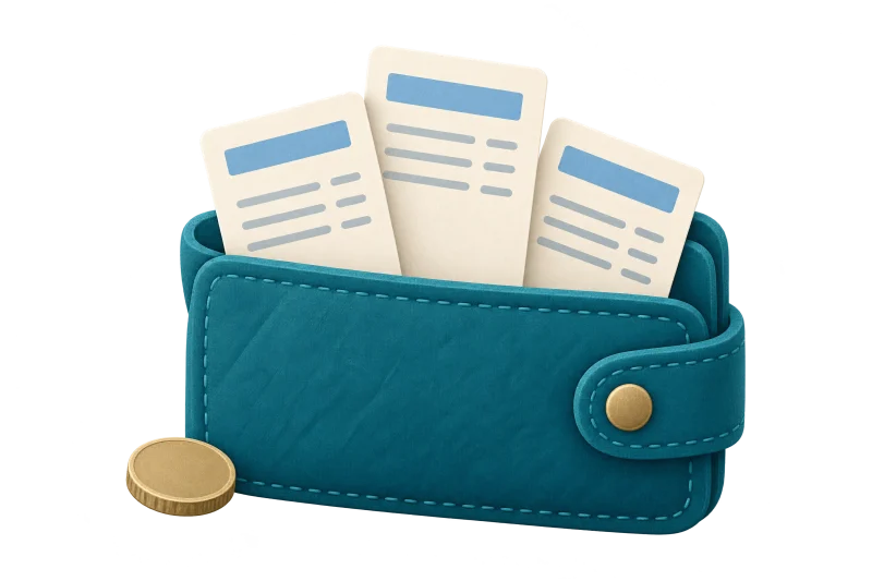A teal wallet with three cream payslips and a brass coin, illustrating different nursing offers.