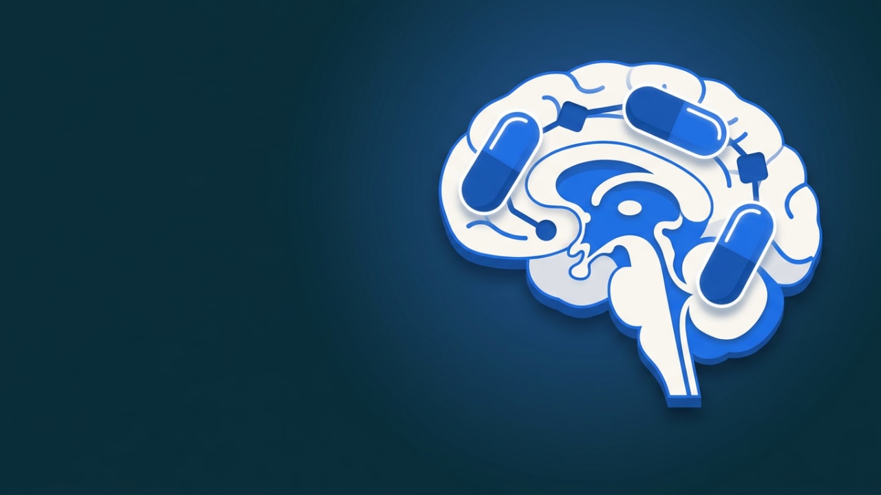 A stylized cross-section of a human brain with three distinct pill-shaped memory hooks anchoring drug facts into place,…