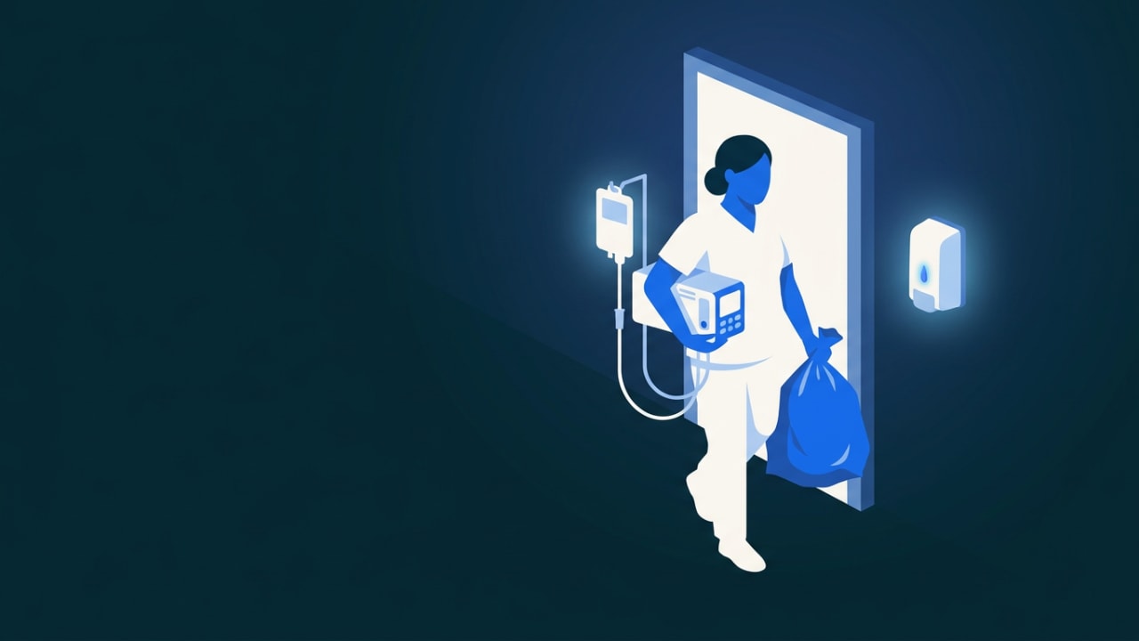 A nurse pausing at an isolation room threshold at night, hands full with an IV pump and trash, a hand-sanitizer dispenser…
