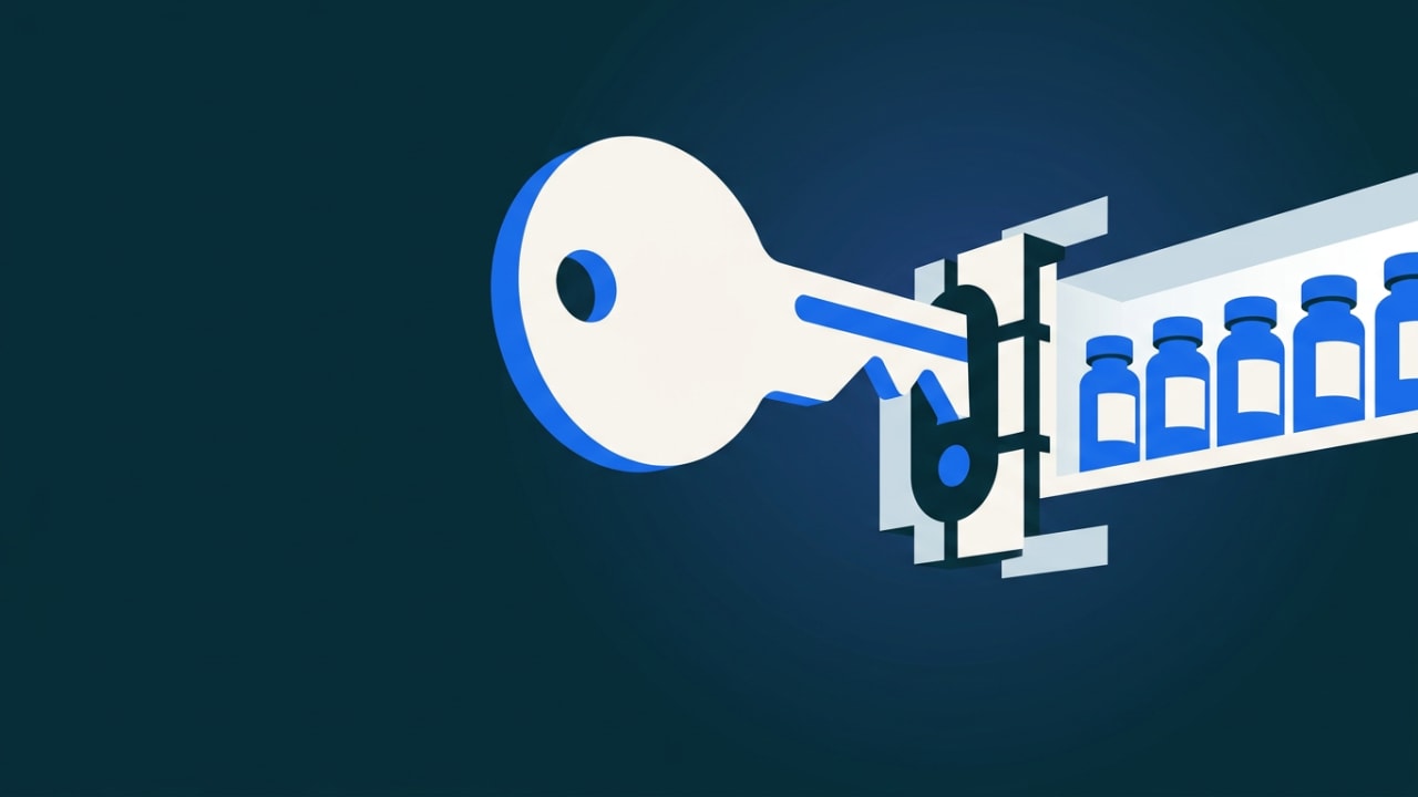 An oversized drug-name suffix rendered as a physical key inserted into a lock, with the lock face opening to reveal rows of…
