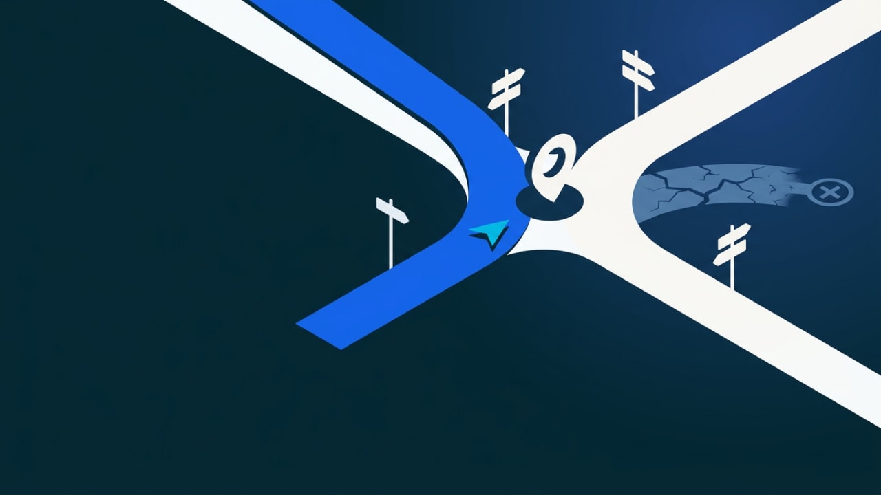 A blood pressure decision crossroads where four road signs branch from a central 2025 marker, one path faded and cracked…