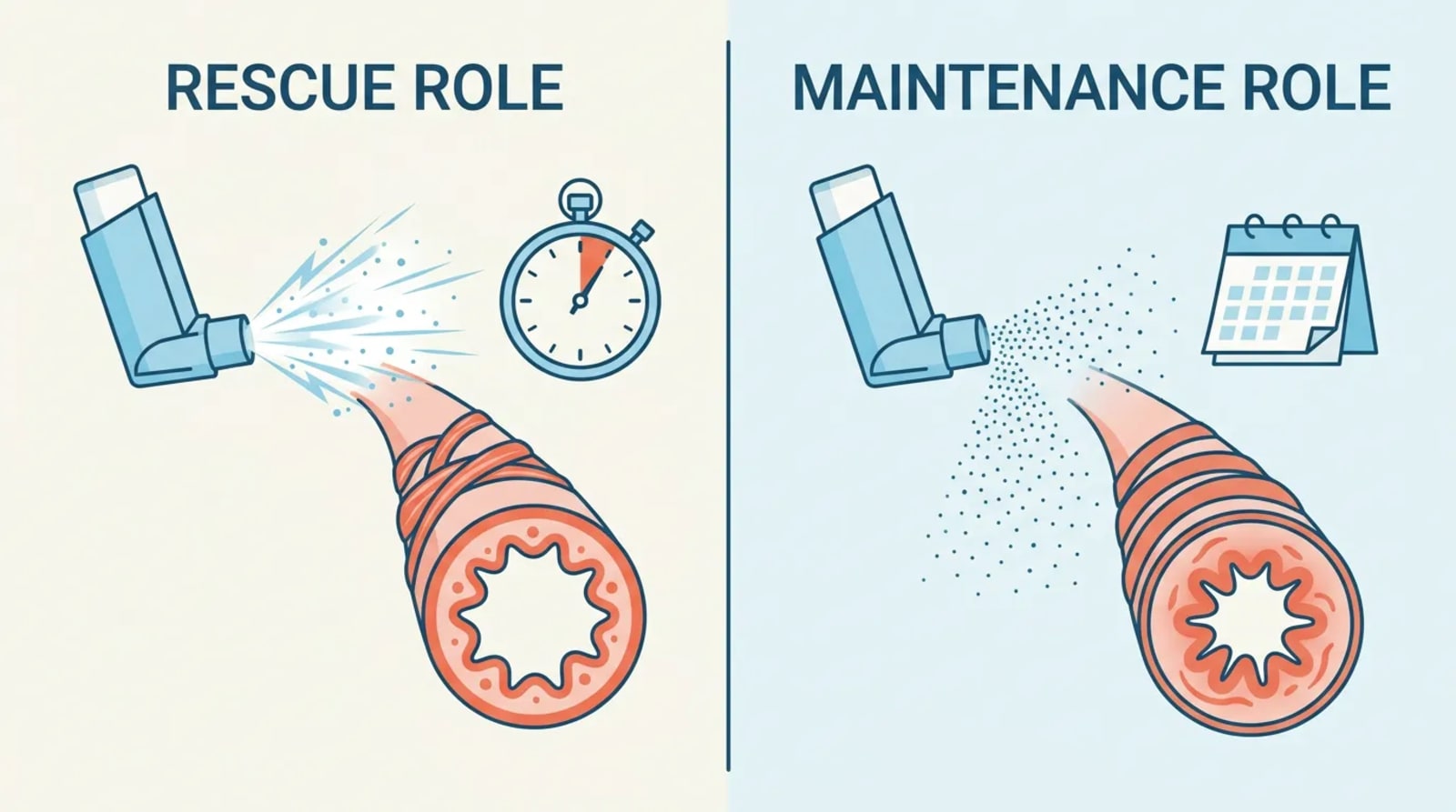 Side-by-side contrast of inhaler roles: a rescue inhaler delivering a fast burst that opens a constricted airway for rapid relief, versus a maintenance inhaler delivering a steady daily mist that calms an inflamed airway over time